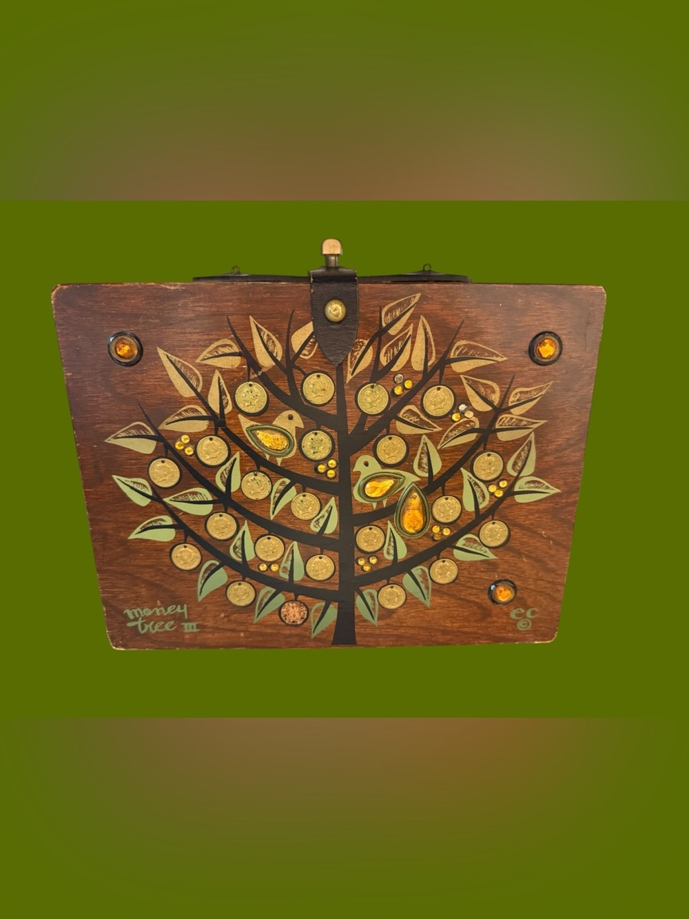 Vintage Enid Collins Handcrafted Brown Tree-Embellished Wooden Clutch - Brown
